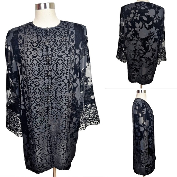 VTG 80’s Rickie Freeman For T.J. Nites Flocked Black Velvet Kimono Jacket Size 8 - Picture 1 of 12